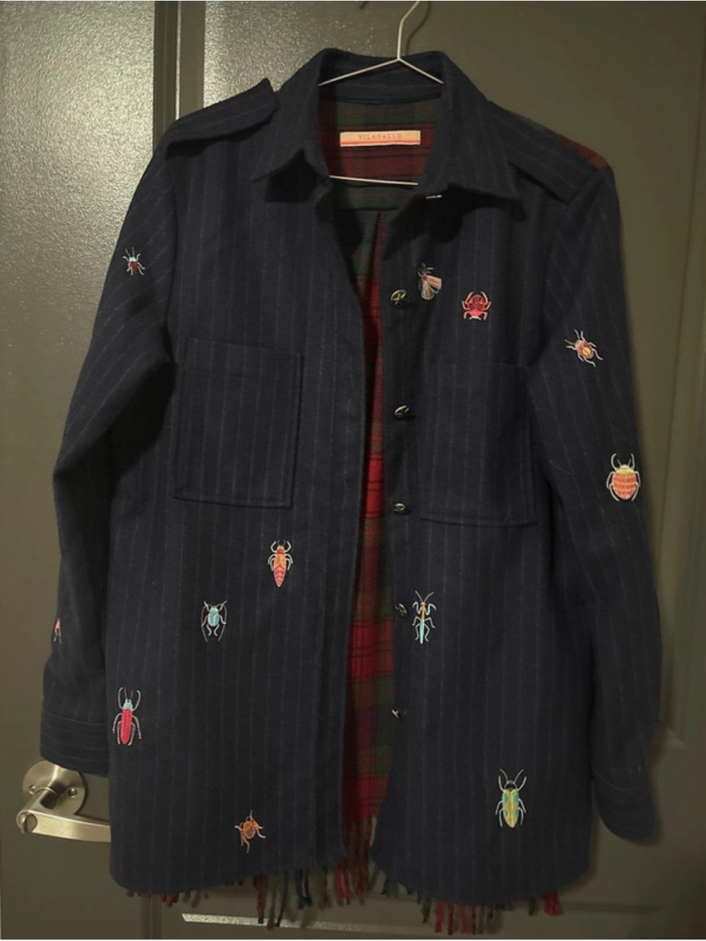 Vilagallo Navy Pinstripe Embroidered Bug-Print Utility Jacket
